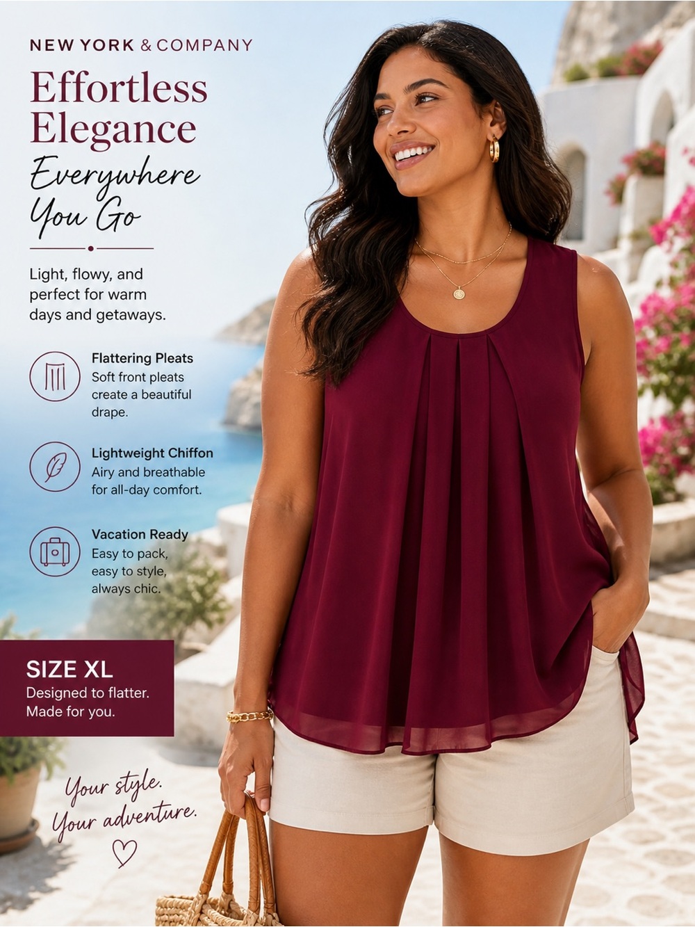 Sleeveless Pleated Chiffon Tank Top - Burgundy size XL